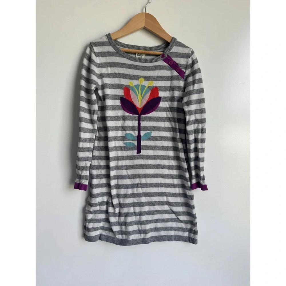 Mini Boden Girls Gray Striped Flower Sweater Dress Cashmere Cotton 7 8 Whimsical